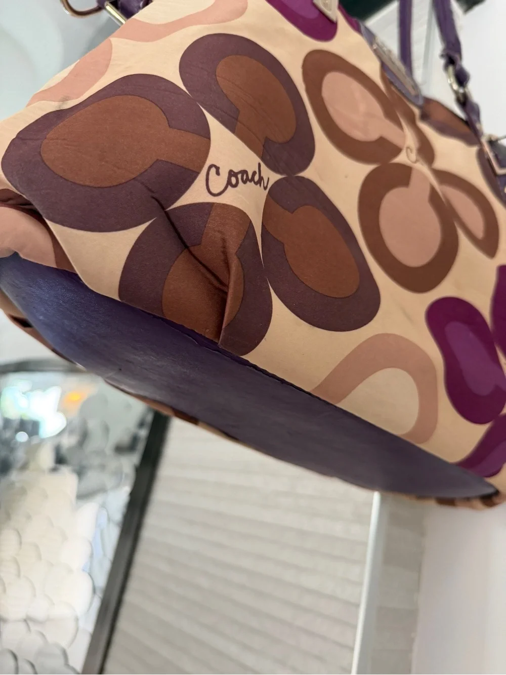 Coach Purple and Brown Signature Pattern Shoulder Bag